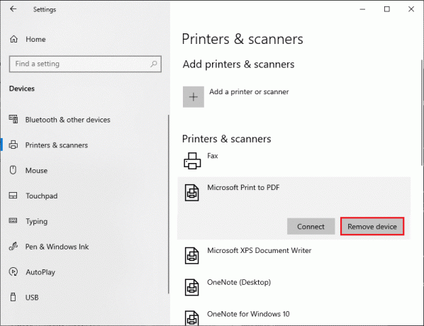 Pasirinkite Pašalinti įrenginį, tada uždarykite Nustatymai. Ištaisykite spausdinimo klaidą sistemoje „Windows 10“.