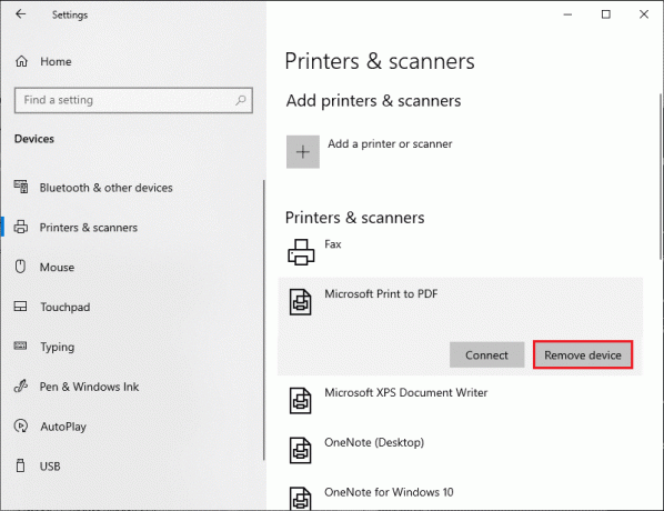 Wählen Sie Gerät entfernen und schließen Sie dann die Einstellungen. Fehler beim Drucken in Windows 10 beheben