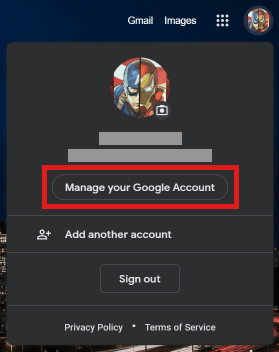 Натисніть Керувати обліковим записом Google.