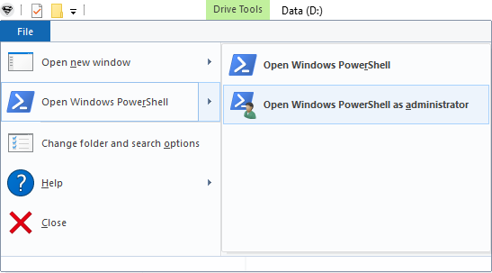 Atidarykite padidintą „Windows PowerShell“ naudodami „File Explorer“.
