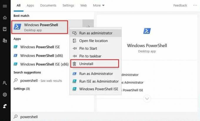 Desnom tipkom miša kliknite rezultat pretraživanja Windows PowerShell - Odaberite Deinstaliraj s izbornika