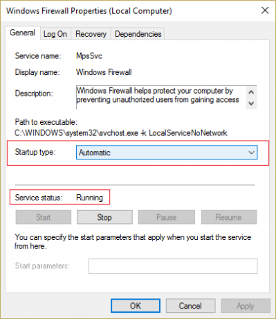 pastikan layanan Windows Firewall dan Filtering Engine berjalan