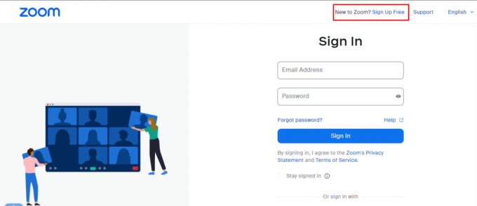 kliknite na New to Zoom Sign Up Free opciju koja se nalazi u gornjem desnom kutu zaslona | Kako mogu pristupiti svom Zoom računu