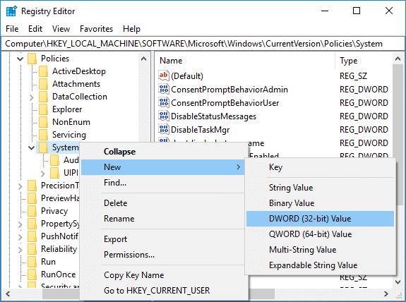 Haga clic con el botón derecho en Sistema y luego seleccione Nuevo valor DWORD (32 bits)