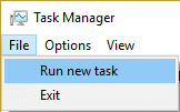 คลิกไฟล์จากนั้นเรียกใช้งานใหม่ใน Task Manager