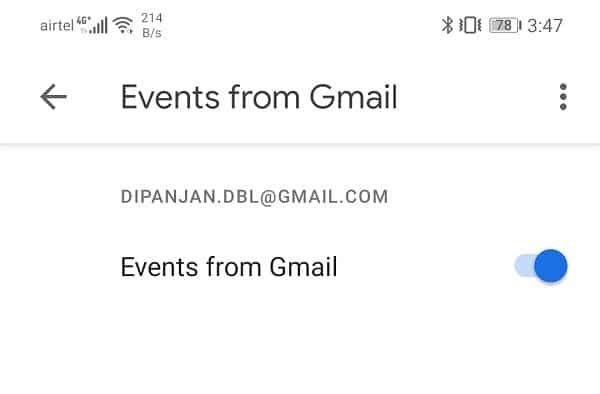 Kapcsolja be a kapcsolót az Események a Gmailből engedélyezéséhez
