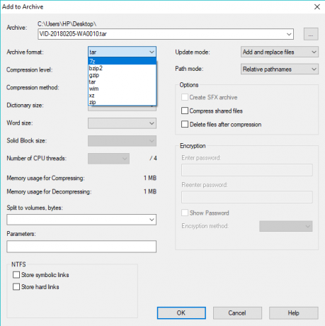 Din meniul derulant disponibil sub Format arhivă, selectați 7z | 7-Zip vs WinZip vs WinRAR