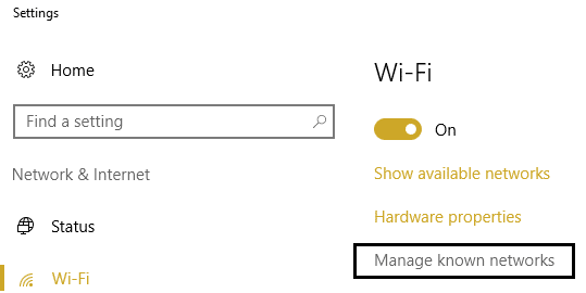 haga clic en Administrar redes conocidas en la configuración de WiFi