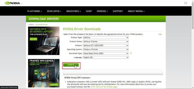 Завантажте драйвери Nvidia Graphics на офіційному веб-сайті відповідно до вашої відеокарти та заново встановіть їх