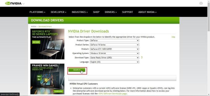 Téléchargez les pilotes Nvidia Graphics sur le site officiel en fonction de votre carte graphique et installez-les fraîchement