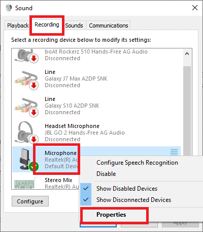 Acesse a guia Gravação no Painel de som. 5. Clique com o botão direito na opção Microfone 6. Escolha Propriedades.