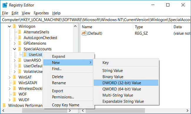 คลิกขวาที่ UserList จากนั้นเลือก New จากนั้นคลิกที่ DWORD (32-bit) Value