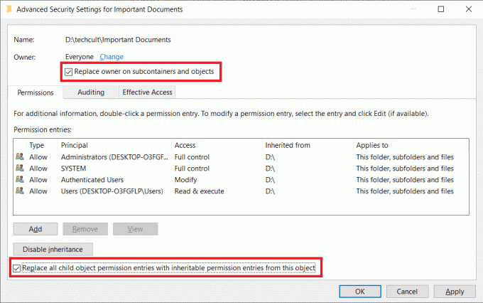 Aktivieren Sie die Kontrollkästchen Eigentümer für Untercontainer und Objekte ersetzen und Alle untergeordneten Objektberechtigungseinträge durch vererbbare Berechtigungseinträge von diesem Objekt ersetzen. So beheben Sie Zugriff verweigert Windows 10