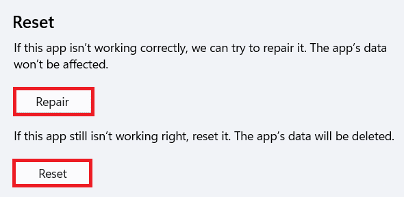 Microsoft Store의 재설정 및 복구 옵션
