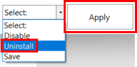 Dans l'option en bas à droite, sélectionnez Désinstaller puis cliquez sur le bouton Appliquer.