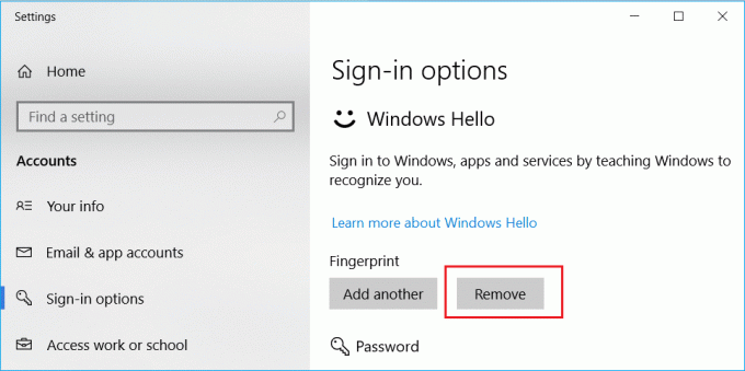 Under Windows Hello skal du finde fingeraftryk eller ansigtsgenkendelse og derefter klikke på knappen Fjern