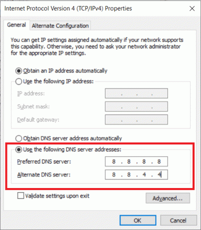 Google Public DNSを使用するには、[優先DNSサーバー]と[代替DNSサーバー]の下に値8.8.8.8と8.8.4.4を入力します