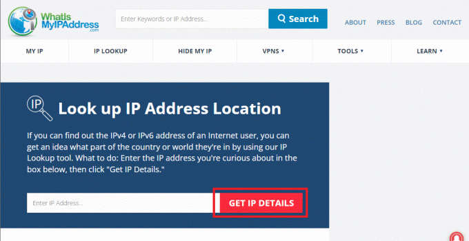 ป้อนที่อยู่ IP และคลิกที่รับรายละเอียด IP วิธีค้นหาตำแหน่งที่แน่นอนของใครบางคนด้วยที่อยู่ IP