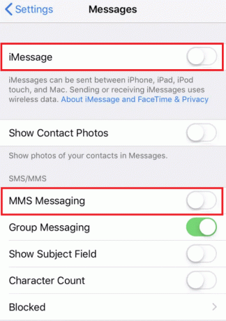Kapcsolja ki az iMessage és az MMS-üzenetek kapcsolóit