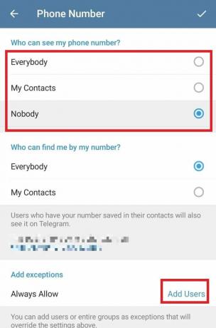 Wählen Sie „Wer kann Ihre Telefonnummer sehen“ und fügen Sie Ausnahmen für andere Benutzer hinzu. | Wie schalte ich sensible Inhalte auf Telegram aus?