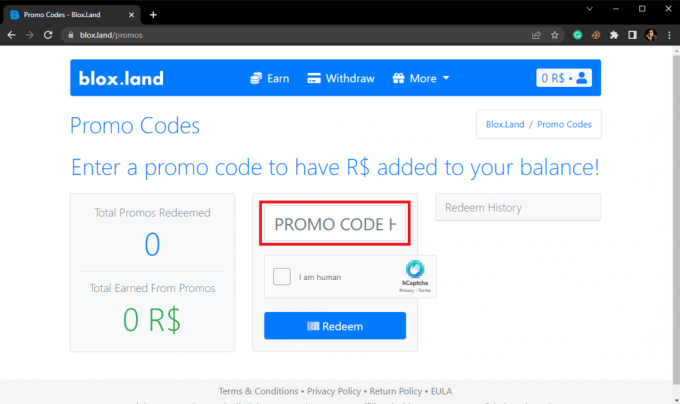 PROMO CODE HERE 텍스트 상자를 찾아 여기에 프로모션 코드를 입력하십시오. Blox Land 무료 프로모션 코드: 지금 사용
