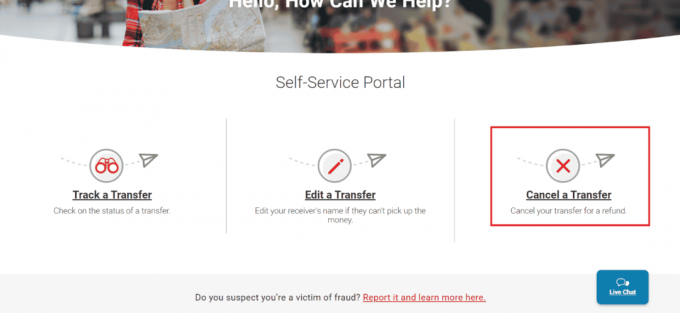 Gehen Sie zum Self-Service-Portal und klicken Sie auf Transfer stornieren und geben Sie die erforderlichen Details ein