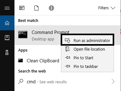 Buka command prompt dengan akses administrator dan ketik cmd di kotak pencarian Windows dan pilih command prompt dengan akses admin