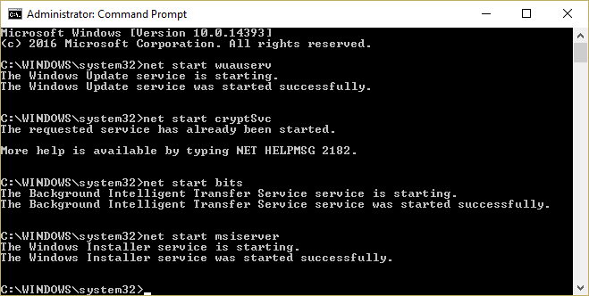 Start Windows-oppdateringstjenester wuauserv cryptSvc bits msiserver