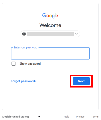 Digite sua senha e clique no botão Avançar para fazer login na sua conta do Google.