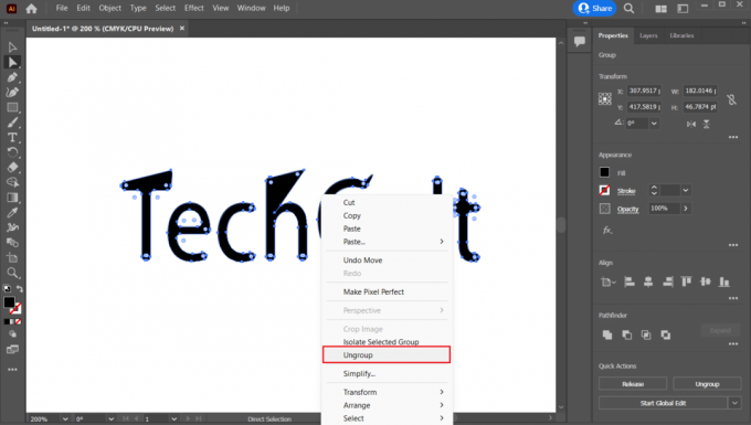 auswählen und mit der rechten Maustaste auf den gesamten Text klicken - Gruppierung aufheben | So gliedern Sie Text in Adobe Illustrator