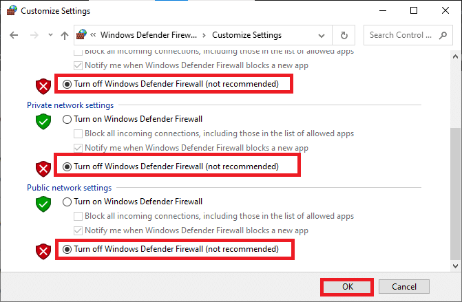 pažymėkite langelius šalia parinkties Išjungti Windows Defender ugniasienę (nerekomenduojama) visur, kur galima šiame ekrane