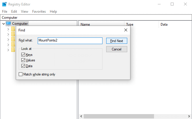 ค้นหา Mount Points2 ใน Registry | แก้ไขไดรฟ์ไม่เปิดขึ้นเมื่อดับเบิลคลิก