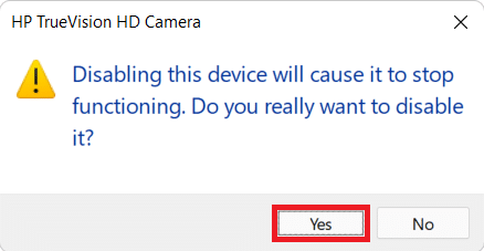 Caixa de diálogo de confirmação para desativar a webcam