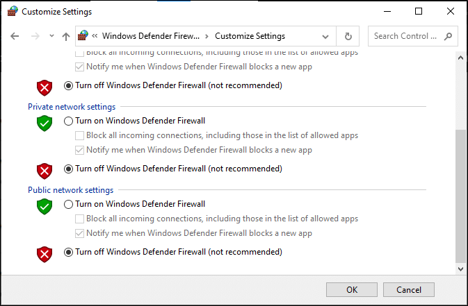 Valitse nyt valintaruudut; poista Windows Defenderin palomuuri käytöstä (ei suositella) kaikentyyppisille verkkoasetuksille
