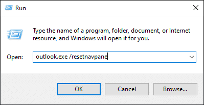 ჩაწერეთ outlook.exe resetnavpane და დააჭირეთ Enter ღილაკს Run ბრძანების შესასრულებლად. Windows 10-ზე პროფილის ჩატვირთვისას ჩარჩენილი Outlook-ის გამოსწორება