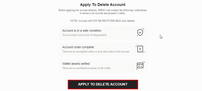 Kattintson az Alkalmazás a fiók törléséhez opcióra. A SHEIN fiók törlése