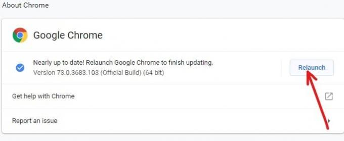 Nachdem Chrome das Herunterladen und Installieren der Updates abgeschlossen hat, klicken Sie auf die Schaltfläche Relaunch