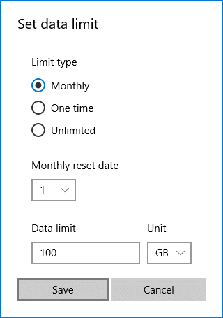 Określ typ limitu, datę miesięcznego resetu, limit danych itp., a następnie kliknij Zapisz