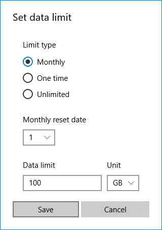 Tentukan jenis batas, tanggal reset bulanan, batas data, dll lalu klik Simpan