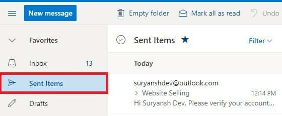 Raskite parinktį „Išsiųstos prekės“ ir spustelėkite, kad ją atidarytumėte. | Kaip atsiminti el. laišką „Outlook“?