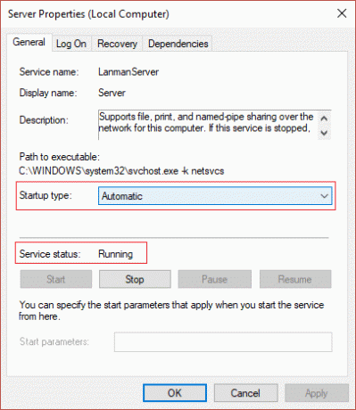 Pārliecinieties, vai darbojas servera pakalpojumi un startēšanas veids ir iestatīts uz Automātiski