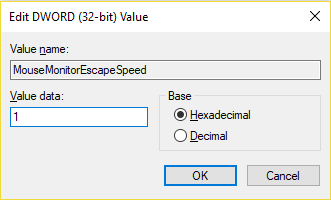 Ονομάστε αυτό το νέο DWORD ως MouseMonitorEscapeSpeed ​​| Πώς να απενεργοποιήσετε τις κολλώδεις γωνίες στα Windows 10