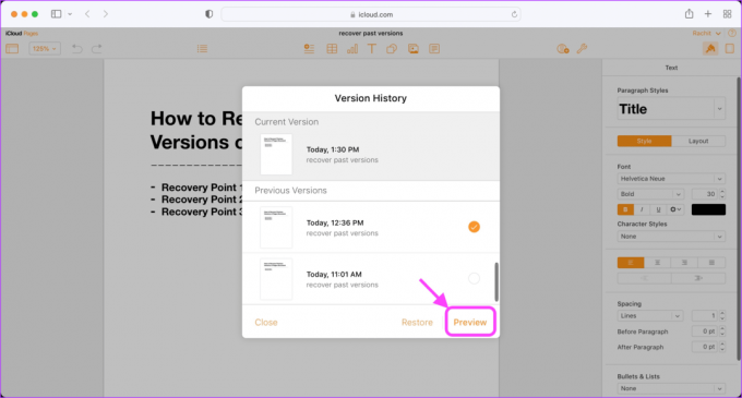 Tekintse meg és állítsa vissza a Pages-dokumentum korábbi verzióit az iCloud 6-ban