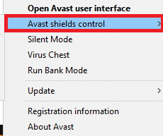 Wählen Sie die Option Avast-Schildkontrolle. Beheben Sie ERR NETWORK CHANGED in Windows 10