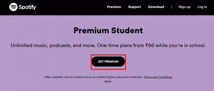 เปิดเว็บไซต์ Spotify Premium สำหรับนักเรียนและคลิกที่ปุ่มรับพรีเมี่ยม