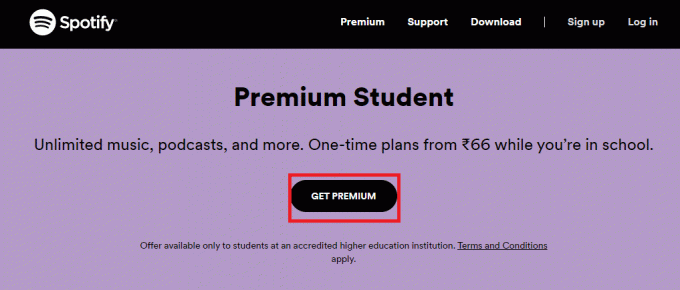 Nyissa meg a Spotify Premium for Students webhelyet, és kattintson a PREMIUM SZEREZÉSE gombra