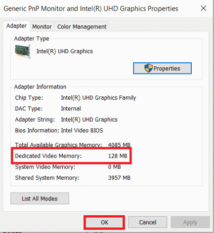 Puede ver los detalles de VRAM. Haga clic en Aceptar para cerrar | ¿Cuánta VRAM tengo en Windows 10?