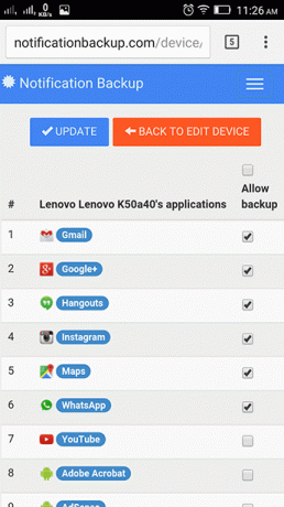 Backup de notificare Selectați Aplicații pentru backup