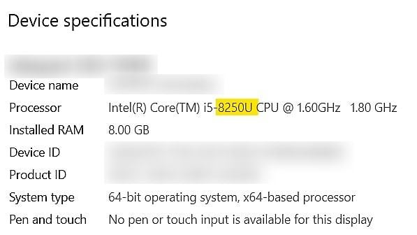 Dabar skiltyje Įrenginio specifikacijos peržiūrėkite savo procesoriaus kartą | Kaip patikrinti nešiojamojo kompiuterio „Intel“ procesoriaus kartą