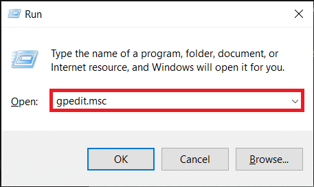 I kommandorutan Kör skriver du gpedit.msc och klickar på OK-knappen för att starta programmet Local Group Policy Editor.